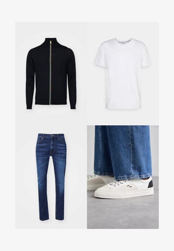 Paul Smith MEN CARDIGAN ZIP - Cardigan - black; Hvid kortærmet t-shirt lavet af bomuld. Har en rund halsudskæring og en afslappet pasform uden synlige mønstre eller detaljer.; Mørkeblå denim jeans med lige ben-design, der har fem lommer, kontrasterende orange syninger og en klassisk metalknaplukning.; Hvide og sorte sneakers med en glat læderoverdel, teksturerede detaljer og en kraftig hvid sål. Har et klassisk snørebåndsdesign.