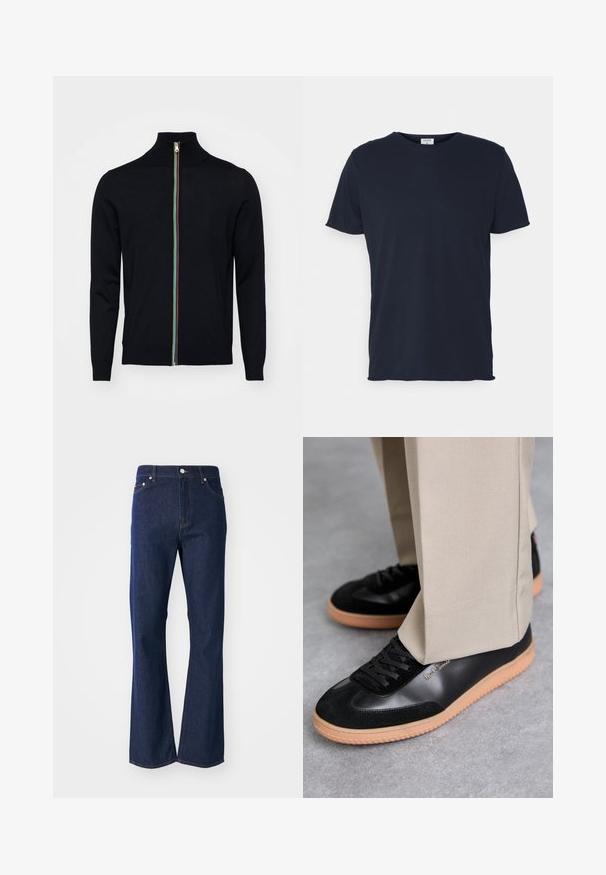 Paul Smith MEN CARDIGAN ZIP - Vest - black; Navyblauwe katoenen t-shirt met ronde hals en korte mouwen, met een gladde textuur en eenvoudig ontwerp, zonder zichtbare patronen of accenten.; Flared donkerblauwe jeans gemaakt van denim. Beschikt over vijf zakken, een ritssluiting aan de voorkant en een metalen knoopsluiting. Klassieke stikselaccenten.; Paul Smith COMO - Sneakers laag - black