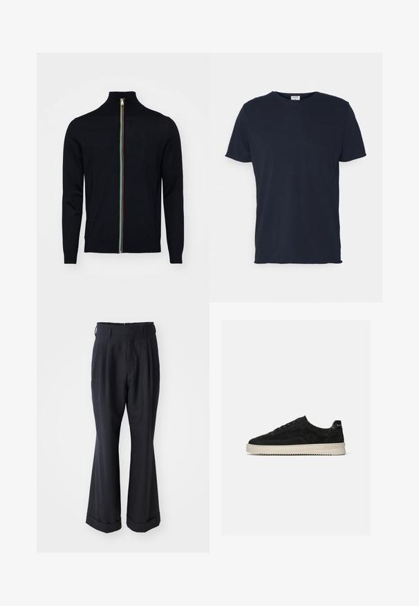 Paul Smith MEN CARDIGAN ZIP - Gilet - black; T-shirt en coton bleu marine avec un col rond et des manches courtes, présentant une texture lisse et un design simple, sans motifs ni accents visibles.; Pantalons noirs ajustés avec une coupe décontractée, devant plissé et jambes larges. Caractéristiques d'un ourlet à retournement et d'une texture de tissu lisse.; Baskets basses en daim noir avec lacets noirs et semelle blanche en caoutchouc, vue latérale sur fond gris clair uni.