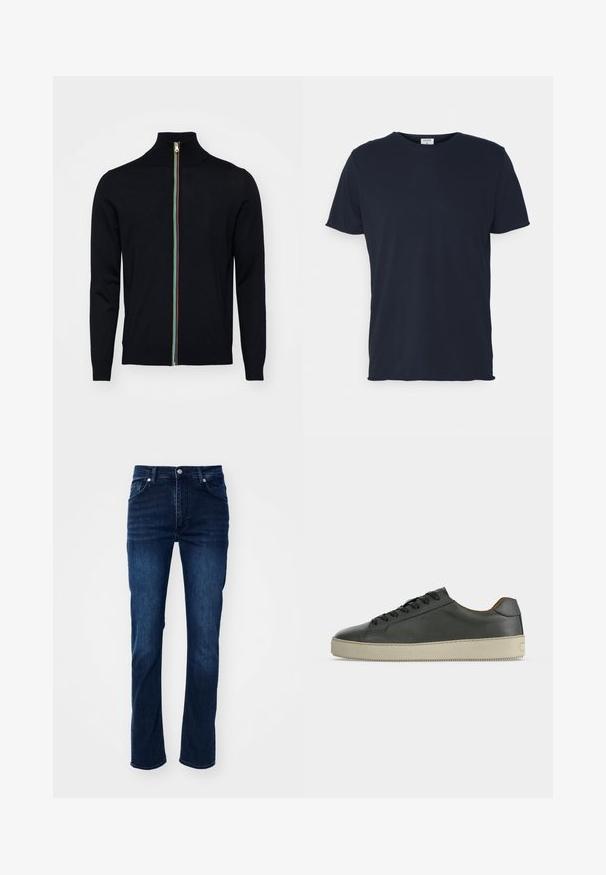 Paul Smith MEN CARDIGAN ZIP - Strickjacke - black; Marineblaue Baumwoll-T-Shirt mit Rundhalsausschnitt und kurzen Ärmeln, mit einer glatten Oberfläche und einfachem Design, ohne sichtbare Muster oder Akzente.; Dunkelblaue Jeans aus Denim im geraden Schnitt, mit einem klassischen Fünf-Taschen-Design und dezenten Nähdetails.; Schwarzer Low-Top-Lederschuh mit schwarzen Schnürsenkeln und cremeweißer Gummisohle, von der Außenseite vor weißem Hintergrund gesehen.