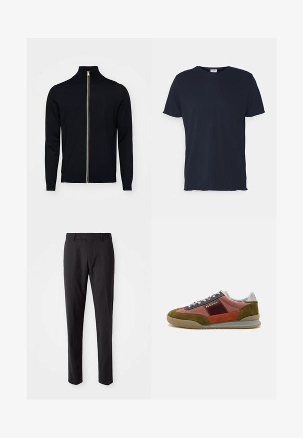 Paul Smith MEN CARDIGAN ZIP - Vest - black; Navyblauwe katoenen t-shirt met ronde hals en korte mouwen, met een gladde textuur en eenvoudig ontwerp, zonder zichtbare patronen of accenten.; Zwarte op maat gemaakte broeken met een platte voorkant, slim fit, riemlussen en een soepele textuur. Geschikt voor formele of zakelijke kleding.; PS Paul Smith DOVER - Sneakers laag - pink