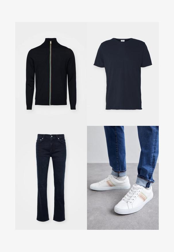 Paul Smith MEN CARDIGAN ZIP - Gilet - black; T-shirt en coton bleu marine avec un col rond et des manches courtes, présentant une texture lisse et un design simple, sans motifs ni accents visibles.; Jeans évasés bleu foncé en denim, dotés d'une fermeture à bouton à l'avant, de cinq poches et de lignes épurées avec des coutures subtiles.; Baskets en cuir blanc avec des rayures multicolores, design à lacets, semelle en caoutchouc et col rembourré, associées à un jean en denim bleu.
