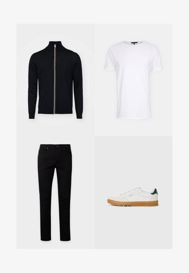 Paul Smith MEN CARDIGAN ZIP - Vest - black; Witte katoenen t-shirt met een ronde halslijn, korte mouwen en een rechte snit. Heeft een eenvoudige, gladde textuur zonder aanvullende patronen.; Zwarte slim-fit jeans met knoop- en ritssluiting, voor- en achterzakken, weergegeven op een effen lichte achtergrond.; Witte leren sneaker met geperforeerd ontwerp, gumrubberen zool, groene hielaccent en kleurrijke streepdetails aan de zijkant.