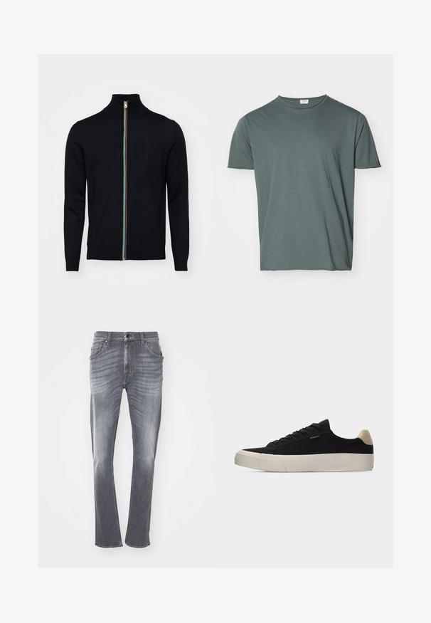 Paul Smith MEN CARDIGAN ZIP - Kardigan - black; Tume roheline lühikeste varrukatega kraeülemiga T-särk, pehme kangas, lõdvaeurose istuvus, sile tekstuur, nähtavate mustrite või aktsentideta.; Hallid teksad otse lõikega, millel on kuivanud tekstuur, viis taskut ja vöökohad. Õmmeldud serv ja klassikaline nööbiga sulgus.; Must madal tennisking beezha kannaosas, valge paks kummipõhi, mustad paelad ja väike "PS Paul Smith" silt küljel.