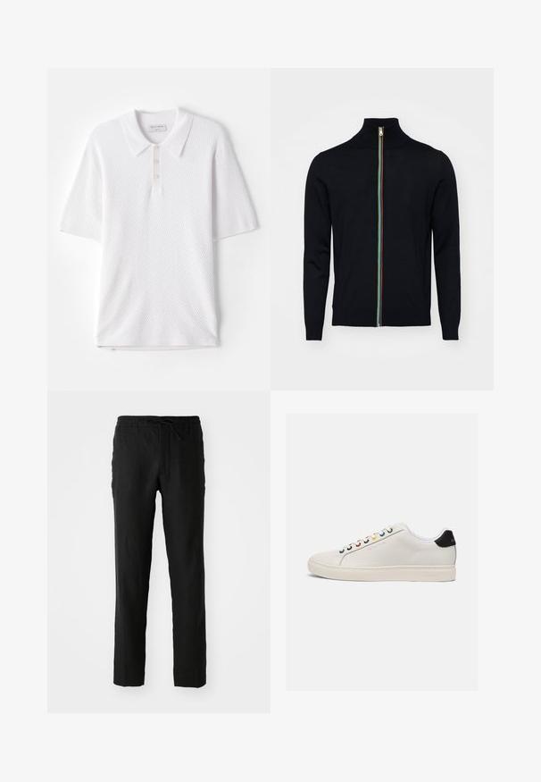 Paul Smith MEN CARDIGAN ZIP - Strickjacke - black; Weißes Poloshirt aus strukturiertem Rippstoff, mit einem Kragen und drei kleinen Knöpfen auf der Vorderseite. Kurze Ärmel und gerader Saum.; Schwarze Leinenhose mit elastischem Bund und Kordelzug. Gerader Schnitt und glatte Textur. Geeignet für die Freizeit.; Weiße Leder Sneaker mit leicht abgerundetem Zeh, flacher Sohle, mehrfarbigen Ösen, schwarzer Ferse und geprägt Logo an der Seite.