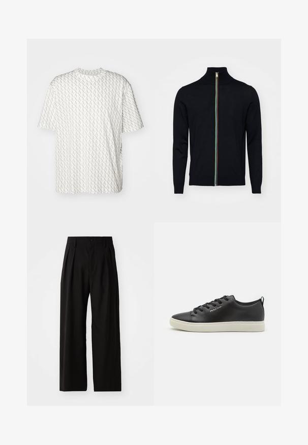Paul Smith MEN CARDIGAN ZIP - Cardigan - black; Hvid t-shirt med et gentaget gråt "A" mønster, korte ærmer, rund halsudskæring og en afslappet pasform. Fremstillet af blødt stof.; Sorte bukser med vid ben, der har en glat overflade, to frontplisseringer, knaplukning og sidelommer. Holdbart stof.; Sort læder sneakers med rund tå, kontrastfarvet hvidgummi sål, seks øjelets snørelukning og diskret branding på siden.