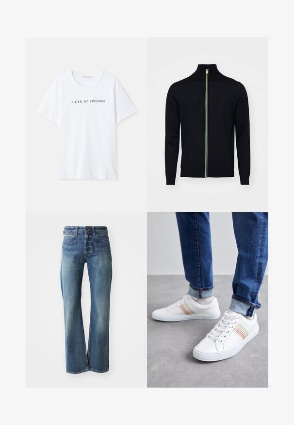 Paul Smith MEN CARDIGAN ZIP - Vest - black; Witte T-shirt met een ronde hals en korte mouwen. Zwart tekst met "TIGER OF SWEDEN" gecentreerd op de voorkant. Soepele stofstructuur.; Denim jeans in een licht tot gemiddeld blauwe kleur, met een recht gesneden pijp, klassiek vijf-pocket ontwerp en subtiele vervaging aan de voorkant.; Witte leren sneakers met meerkleurige strepen, vetersluiting, rubberen zool en gevoerd kraagje, gecombineerd met blauwe spijkerbroek.