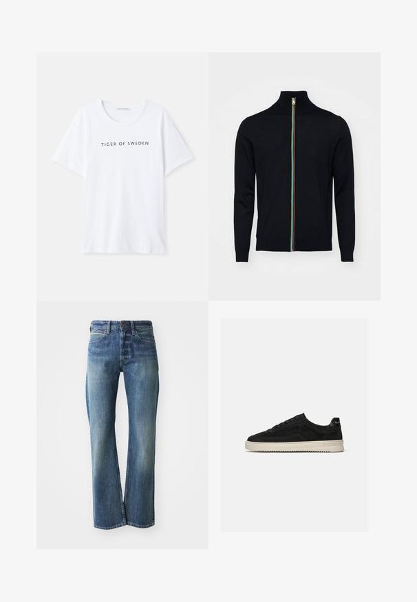 Paul Smith MEN CARDIGAN ZIP - Kardigán - black; Biela tričko s okrúhlym výstrihom a krátkymi rukávmi. Čierny text "TIGER OF SWEDEN" je umiestnený v strede na prednej strane. Hladká textúra látky.; Džínsy z denimu v svetlom až strednom modrom odtieni, s rovnými nohavicami, klasickým päť-pocket dizajnom a jemným vyblednutím vpredu.; Čierna semišová nízka teniska s čiernymi šnúrkami a bielou gumovou podrážkou, bočný pohľad na jednotnom svetlosivom pozadí.