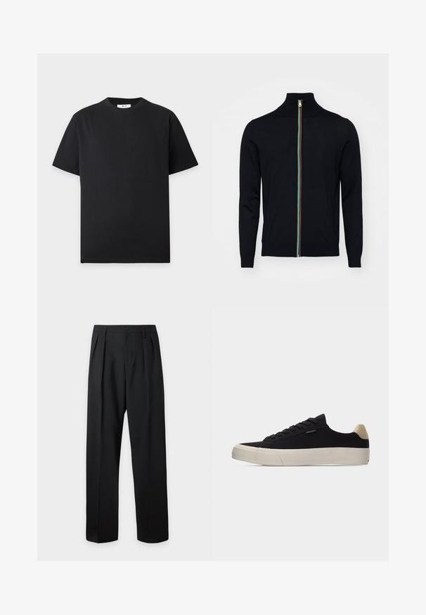 Paul Smith MEN CARDIGAN ZIP - Gilet - black; T-shirt noir uni à manches courtes et col rond avec une petite étiquette blanche à l'intérieur du col sur un fond gris clair.; Pantalon noir taille haute, sur-mesure, avec passants pour ceinture, plis sur le devant, fermeture par bouton et jambes droites larges sur fond clair.; Baskets basses noires avec languette beige au talon, semelle en caoutchouc blanche épaisse, lacets noirs et petite étiquette "PS Paul Smith" sur le côté.