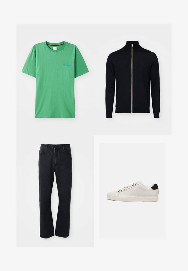 Paul Smith MEN CARDIGAN ZIP - Strickjacke - black; Grünes Baumwoll-T-Shirt mit rundem Halsausschnitt, kurzen Ärmeln und einem kleinen blauen Textdetails im linken Brustbereich. Glatte Textur.; Schwarze Denim-Jeans mit geradem Bein, hoher Taille, Knopfverschluss und dezenten Nähdetails an den Taschen und Nähten.; Weiße Leder Sneaker mit leicht abgerundetem Zeh, flacher Sohle, mehrfarbigen Ösen, schwarzer Ferse und geprägt Logo an der Seite.