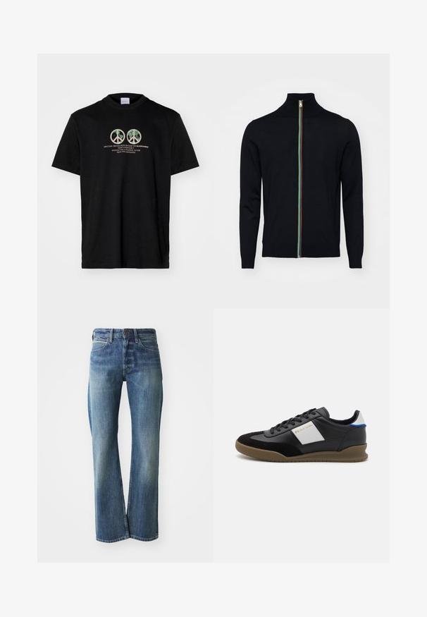 Paul Smith MEN CARDIGAN ZIP - Cardigan - black; Sort bomulds t-shirt med to fredssymbol grafik og tekst: "VELKOMMEN, VÆRER FRA BEYOND THE BLUEMARBLE" i flerfarvet tryk.; Denim jeans med en lys til mellemblå farve, lige ben skæring, klassisk fem-lommer design og subtil falmning foran.; Sorte læder- og ruskinds sneakers med en grå panel, brun gummisål og blå detaljer på hælen. Har snørebånd og præget logo.