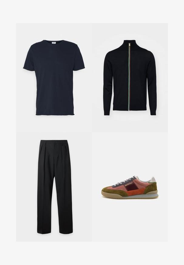 Paul Smith MEN CARDIGAN ZIP - Chaqueta de punto - black; Camiseta de algodón azul marino con cuello redondo y mangas cortas, de textura suave y diseño simple, sin patrones ni acentos visibles.; Pantalones negros de talle alto y corte sastre, con presillas para cinturón, pliegues delanteros, cierre de botones y piernas anchas y rectas sobre un fondo claro.; PS Paul Smith DOVER - Zapatillas - pink