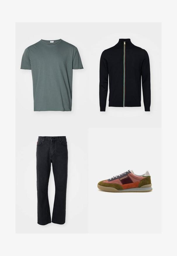 Paul Smith MEN CARDIGAN ZIP - Gilet - black; T-shirt à col rond vert foncé, à manches courtes, en tissu doux, coupe décontractée, texture lisse, sans motifs ni accents visibles.; Jean en denim noir avec une coupe droite, taille haute, fermeture par bouton, et des détails de couture subtils le long des poches et des coutures.; PS Paul Smith DOVER - Baskets basses - pink