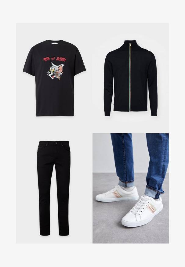 Paul Smith MEN CARDIGAN ZIP - Gilet - black; T-shirt noir à manches courtes avec des visages colorés de Tom et Jerry dessin animé et texte rouge « Tom Jerry » au-dessus des personnages.; Jean noir slim avec fermeture par bouton et fermeture éclair, poches avant et arrière, présenté sur un fond clair uni.; Baskets en cuir blanc avec des rayures multicolores, design à lacets, semelle en caoutchouc et col rembourré, associées à un jean en denim bleu.