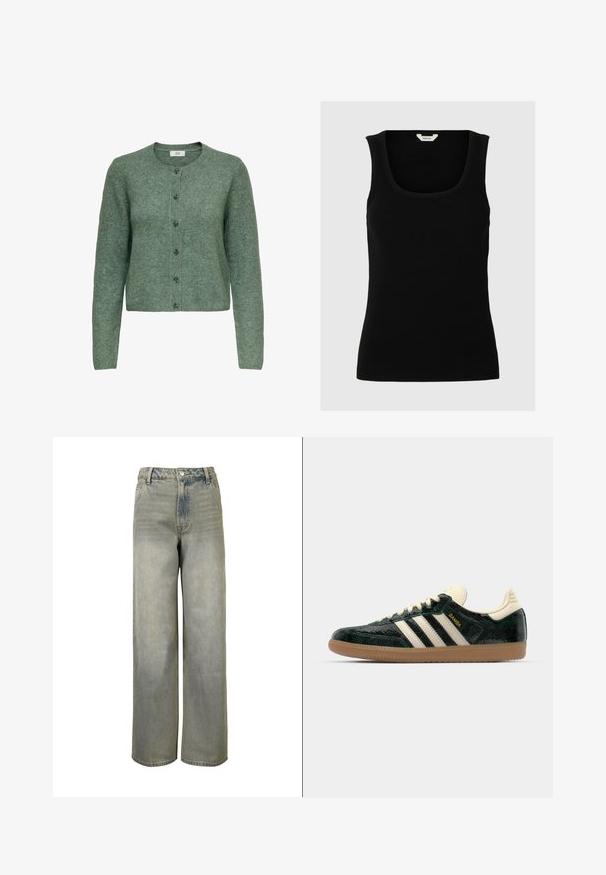 Grøn strikket cardigan med rund halsudskæring, lukning foran med knapper og lange ærmer. Stoffet har en blød tekstur og subtile farvevariationer.; Sort ribbet tank top med en bred rund halsudskæring og tynde stropper. Stoffet ser blødt og strækbart ud, velegnet til lagdeling eller afslappet brug.; Vidde ben, lyseblå denimjeans med falmet tekstur, høj talje og fem-lomme-design. Har en metalknap og lynlås-lukning.; adidas Originals SAMBA OG - Sneakers - cream white/collegiate green