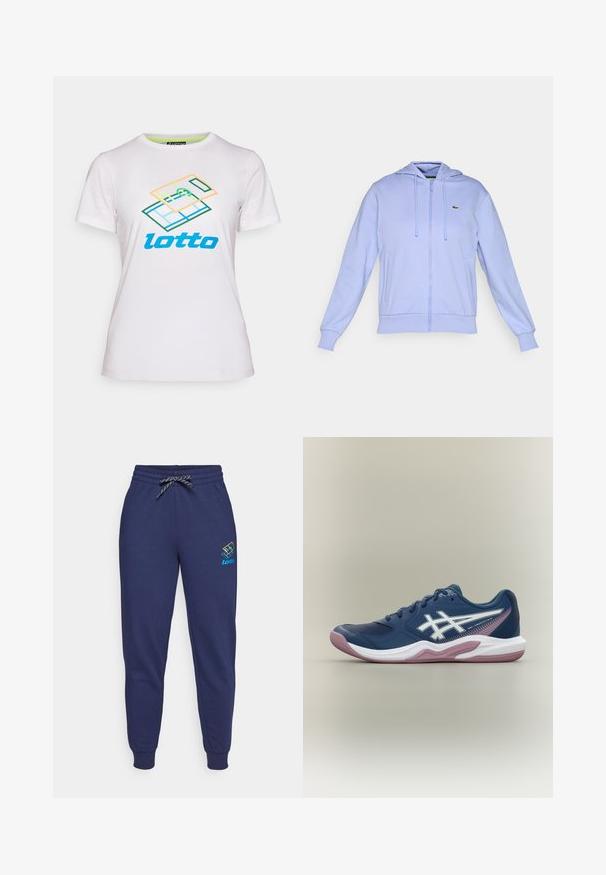 Lichtpaarse zip-up hoodie met voorzakken, capuchon met trekkoord, geribbelde mouwen en een klein groen krokodillogo op de linkerborst.; Witte korte mouwen t-shirt van katoen, met een kleurraf geometrische grafiek en het "lotto" logo in het blauw over de voorkant.; Navy blauwe sweatpants met een verstelbare tailleband en enkelmanchetten. Kenmerkt zich door een Lotto-logo in levendige kleuren op het linkerdij. Gemaakt van zachte stof.; Marineblauwe sportschoen met witte en roze zool, wit logo aan de zijkant, vetersluiting en meshdetails op de neus en zijkanten.
