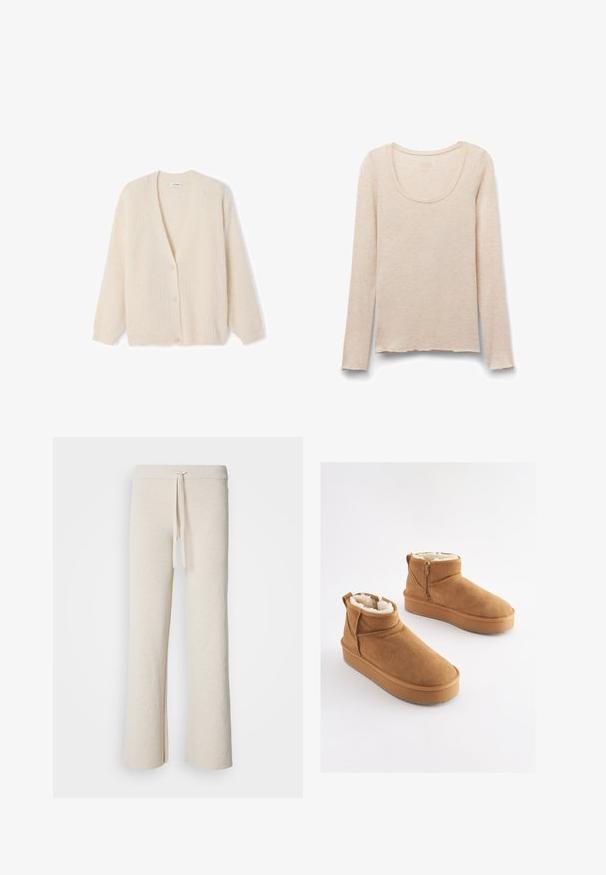 Kremfarvet cardigan med ribbet tekstur, V-udskæring, knapper foran, lange ærmer, blødt stof, afslappet pasform.; Beige langærmet top med rund halsudskæring, let bølget kant og blødt, let stof.; Beige brede bukser lavet af blødt stof, med en elastisk talje og snøre samt sideslidser i kanten.; Lysebrune ankelstøvler i ruskind med imiteret pelsforing, flad platformssål og lynlås i siden for nem påtagning. Har rundet tå og minimal syning.