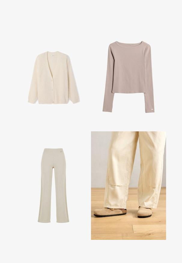 Cardigan couleur crème, texture côtelée, col en V, boutons sur le devant, manches longues, tissu doux, coupe décontractée.; Chemise beige ajustée à manches longues avec un col rond et un détail subtil de surpiqûres sur fond blanc.; Pantalons larges beige avec une texture en ribbed lisse, taille élastique et sans ornements visibles, offrant une silhouette décontractée.; Pantalons larges beiges portés avec des sabots en suède tan de style Birkenstock sur un sol en bois clair.