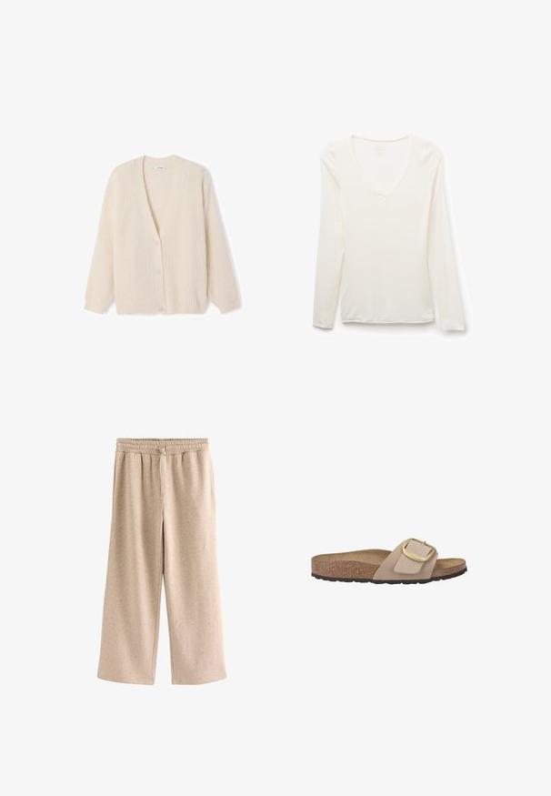 Kremfarvet cardigan med ribbet tekstur, V-udskæring, knapper foran, lange ærmer, blødt stof, afslappet pasform.; Hvid V-hals skjorte med lange ærmer, slim fit, lagt fladt på en hvid baggrund.; Beige bukser med vide ben, elastisk talje og snørre, lavet af et blødt, plettet stof.; Beige slidesandal med en korkfodersål, tekstureret gummisål og en stor guldtonet spændeaccent på en glat rem.