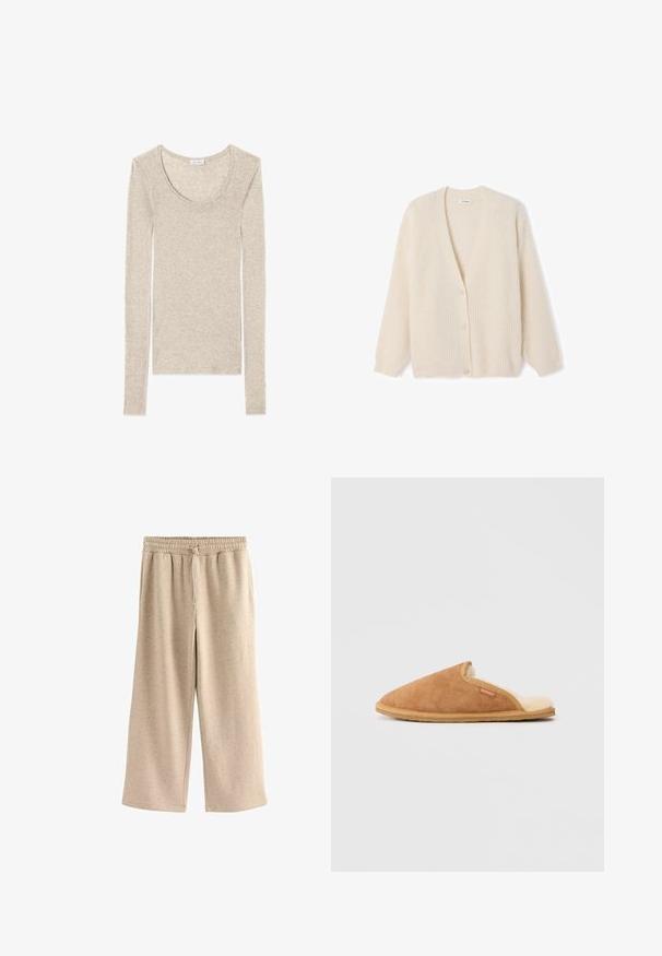 Cardigan in Cremefarbe, mit Rippstruktur, V-Ausschnitt, Knöpfen vorne, langen Ärmeln, weichem Stoff und lockerer Passform.; Langärmliges Oberteil in hellbeige mit Rundhalsausschnitt und weichem, glattem Stoff, entworfen für eine figurbetonte Passform.; Beige weite Hosen aus weichem Stoff, mit einem elastischen Bund und Kordelzug, sowie einer subtilen gesprenkelten Textur.; Braune Wildlederhausschuhe mit einem weichen, cremefarbenen Fleecefutter und einer beigen Gummisohle. Sie verfügen über eine runde Zehenpartie und ein seitliches Ausschnittdesign.
