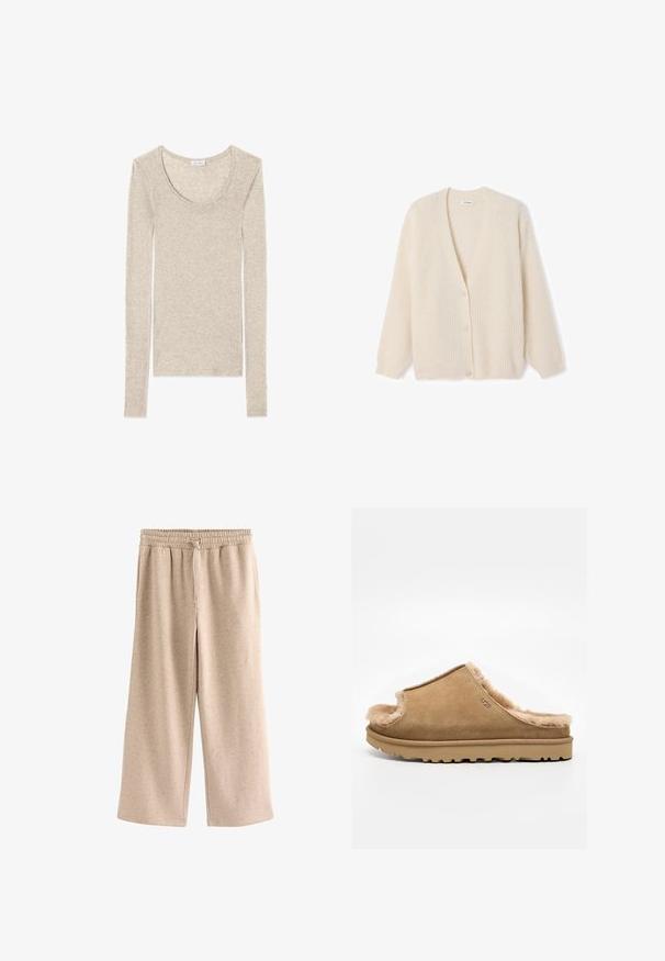 Cardigan in Cremefarbe, mit Rippstruktur, V-Ausschnitt, Knöpfen vorne, langen Ärmeln, weichem Stoff und lockerer Passform.; Langärmliges Oberteil in hellbeige mit Rundhalsausschnitt und weichem, glattem Stoff, entworfen für eine figurbetonte Passform.; Beige Hose mit weitem Bein, elastischem Bund und Kordelzug, aus einem weichen, gesprenkelten Stoff.; Beige Wildleder-Hausschuh zum Hineinschlüpfen mit flauschigem Fleecefutter und Gummisohle, mit seitlichem UGG-Logo vor schlichtem weißem Hintergrund.