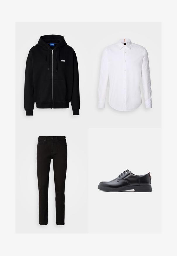 Schwarze Zip-Hoodie aus weichem Stoff, mit einer Fronttasche, Kordelzugkapuze und einem kleinen weißen Logo auf der linken Brust.; Weiße langärmlige Button-Down-Hemd aus Baumwolle, mit klassischem Kragen, subtiler Logo-Detailierung auf der Brust und weißen Knöpfen.; Schwarze Denim-Jeans mit geradem Bein, Reißverschluss und einem Fünf-Taschen-Design. Der Stoff hat eine glatte Textur ohne sichtbare Muster.; Schwarze Leder-Schnürschuhe mit glatter Textur, rundem Zehenbereich und dezenten Ziernähten. Mit einem roten Laschenband an der Ferse.