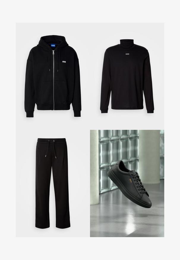 Schwarze Zip-Hoodie aus weichem Stoff, mit einer Fronttasche, Kordelzugkapuze und einem kleinen weißen Logo auf der linken Brust.; Schwarzes Langarm-Turtleneck-Shirt aus glattem Stoff, mit einem weißen "HUGO"-Logo auf der Brust, eng anliegend an den Bündchen und dem Saum.; Schwarze, lockere Sweatpants aus weichem Stoff, mit einem elastischen Bund und Zugband sowie seitlichen Taschen.; Schwarzer flacher Ledersneaker mit schwarzen Schnürsenkeln und goldenem BOSS-Logo an der Seite, schwebend über einem glänzenden grauen Boden in einem modernen Innenraum.