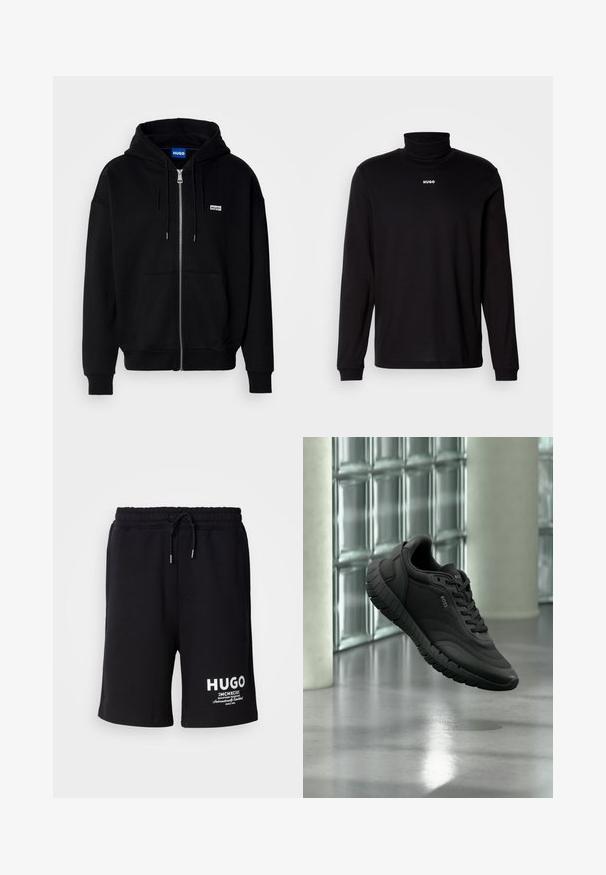 Zwarte ritshoodie van zacht materiaal, met een voorkantzak, een capuchon met koorden en een klein wit logo op de linkerborst.; Zwarte turtleneckshirt met lange mouwen, gemaakt van soepel materiaal, met een witte "HUGO" logo op de borst, en met aansluitende manchetten en zoom.; Zwarte katoenen shorts met een elastische tailleband en koord. Witte "HUGO" logo op het linkerpijp. Eenvoudig ontwerp, knielange snit.; Zwarte BOSS-sneaker met getextureerde zool, bovenwerk van mesh en leer, zwevend binnen tegen een achtergrond van glazen blokken en betonnen pilaren.