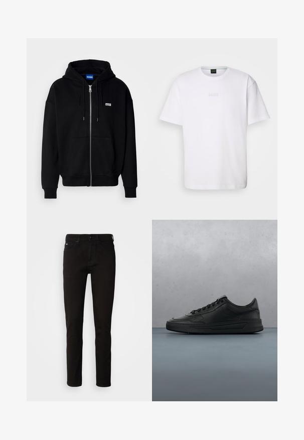 Sudadera con cremallera negra hecha de tejido suave, con un bolsillo frontal, capucha con cordón y un pequeño logo blanco en el lado izquierdo del pecho.; Camiseta de algodón blanca de manga corta, con escote redondo y logotipo grabado de "BOSS" en el pecho. Textura suave, ajuste estándar.; Jeans de mezclilla negra con un corte recto, cierre de cremallera y diseño de cinco bolsillos. La tela tiene una textura suave sin patrones visibles.; Zapatilla negra con parte superior de cuero liso, puntera redonda, cordones planos, cuello acolchado y diseño minimalista. Suela de goma con un patrón de relieve sutil.