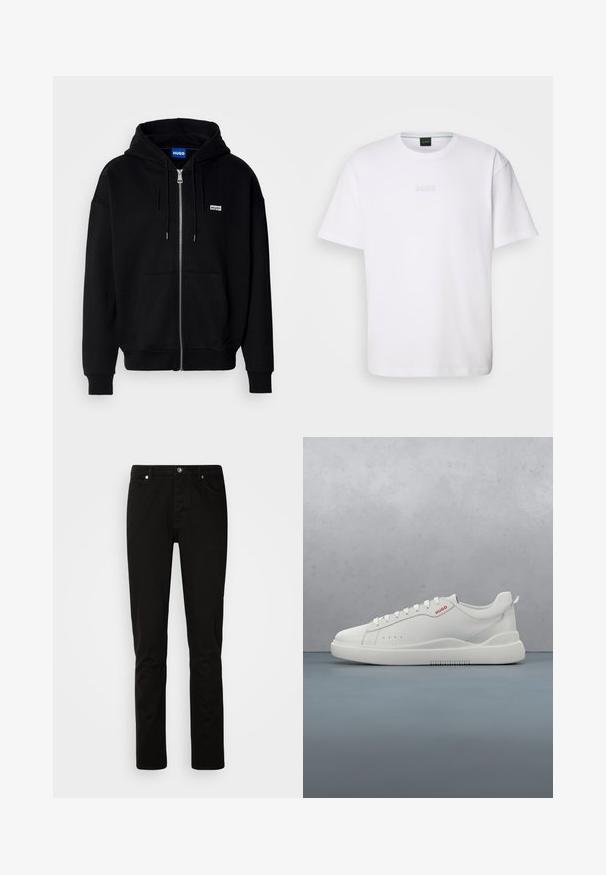 Zwarte ritshoodie van zacht materiaal, met een voorkantzak, een capuchon met koorden en een klein wit logo op de linkerborst.; Witte katoenen T-shirt met korte mouwen, ronde halslijn en reliëf 'BOSS' logo op de borst. Veilig textuur, standaard pasvorm.; Zwarte rechtvallende spijkerbroek met knoop- en ritssluiting aan de voorkant, voor- en achterzakken, getoond op een effen lichte achtergrond.; Witte sneaker met een gladde leren afwerking, ronde neus, vier veterogen, subtiele perforaties en een rood logo detail aan de zijkant.
