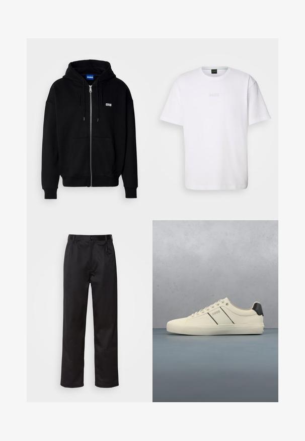 Sudadera con cremallera negra hecha de tejido suave, con un bolsillo frontal, capucha con cordón y un pequeño logo blanco en el lado izquierdo del pecho.; Camiseta de algodón blanca de manga corta, con escote redondo y logotipo grabado de "BOSS" en el pecho. Textura suave, ajuste estándar.; Pantalones negros de tela suave, con cierre delantero de botón, pliegues y patas rectas. Sin patrones ni acentos visibles.; Zapatillas de color crema con una textura suave, que presentan acentos y marcas en negro. Diseño clásico de cordones con punta redonda y suela de goma.