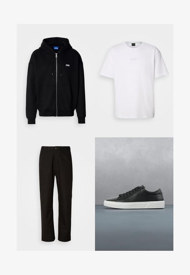 Zwarte ritshoodie van zacht materiaal, met een voorkantzak, een capuchon met koorden en een klein wit logo op de linkerborst.; Witte katoenen T-shirt met korte mouwen, ronde halslijn en reliëf 'BOSS' logo op de borst. Veilig textuur, standaard pasvorm.; Zwarte katoenen broek met een rechte snit, riemlussen, een ritssluiting aan de voorkant en een enkele knoopsluiting. Soepele textuur zonder zichtbare patronen.; Zwarte leren sneaker met ronde neus, textuur op het oppervlak, witte rubberen zool en zwarte veters. Minimalistisch ontwerp met een slanke uitstraling.
