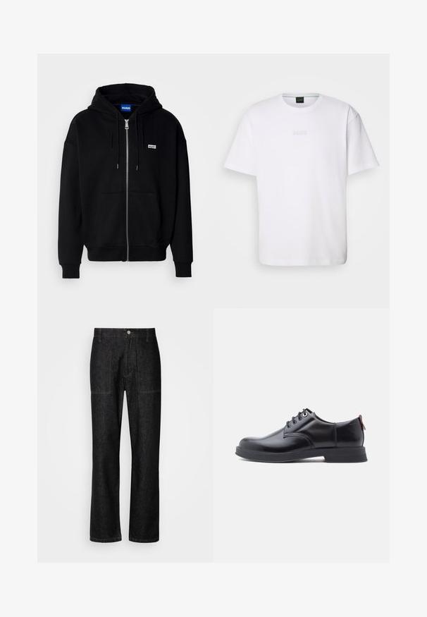 Schwarze Zip-Hoodie aus weichem Stoff, mit einer Fronttasche, Kordelzugkapuze und einem kleinen weißen Logo auf der linken Brust.; Weißes Baumwoll-T-Shirt mit kurzen Ärmeln, rundem Ausschnitt und geprägtem "BOSS"-Logo auf der Brust. Glatte Textur, normale Passform.; Schwarze Jeans mit geradem Bein, sichtbaren Nähten und einem Frontknopfverschluss. Enthält zwei Seitentaschen und zwei Gesäßtaschen.; Schwarze Leder-Schnürschuhe mit glatter Textur, rundem Zehenbereich und dezenten Ziernähten. Mit einem roten Laschenband an der Ferse.