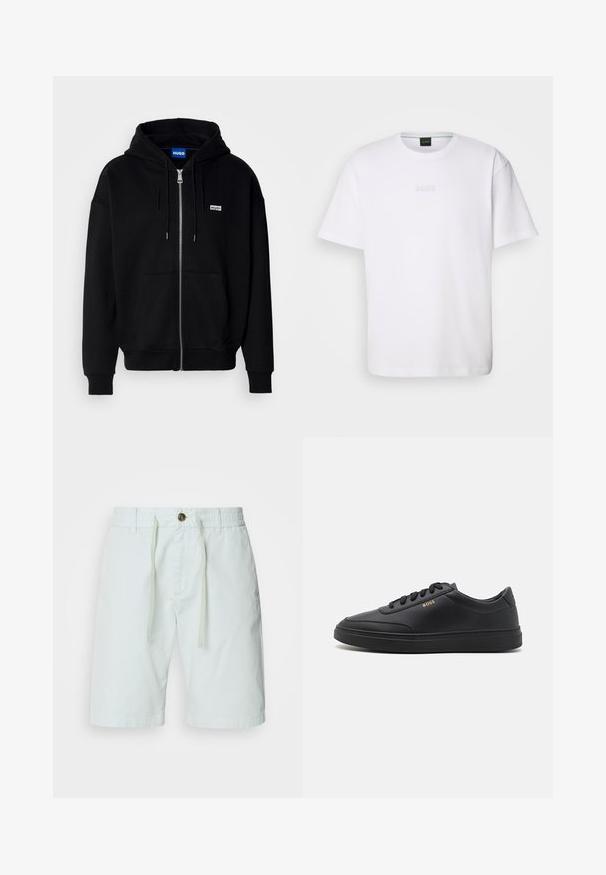 Must mustaga hoodie, mis on valmistatud pehmest kangast, millel on eesmine tasku, nööriga kapuuts ja väike valge logo vasakul rinnal.; Valge puuvillane T-särk lühikeste varrukatega, ümar kaelus ja reljeefne "BOSS" logo rinnal. Lame tekstuur, standardne lõige.; Heledad rohelised puuvillased lühikesed püksid elastse vöökoha ja nööriga. Omab nupuga sulgemist, külgtaskuid ja sirget lõiget.; Mustad nahkspordijalatsid siledast materjalist, ümarate varvastega, tasase kummist tallaga ja tooni sobivate paeltega. Küljes on kuldne "BOSS" bränding.