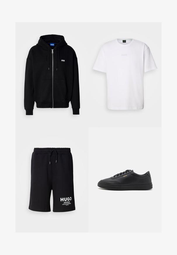 Schwarze Zip-Hoodie aus weichem Stoff, mit einer Fronttasche, Kordelzugkapuze und einem kleinen weißen Logo auf der linken Brust.; Weißes Baumwoll-T-Shirt mit kurzen Ärmeln, rundem Ausschnitt und geprägtem "BOSS"-Logo auf der Brust. Glatte Textur, normale Passform.; Schwarze Baumwollshorts mit einem elastischen Bund und Kordelzug. Weißes "HUGO"-Logo am linken Bein. Einfaches Design, knielanger Schnitt.; Schwarze Leder-Sneaker mit glatter Textur, runder Zehenpartie, flacher Gummisohle und einfarbigen Schnürsenkeln. Mit goldfarbenem "BOSS" Logo an der Seite.