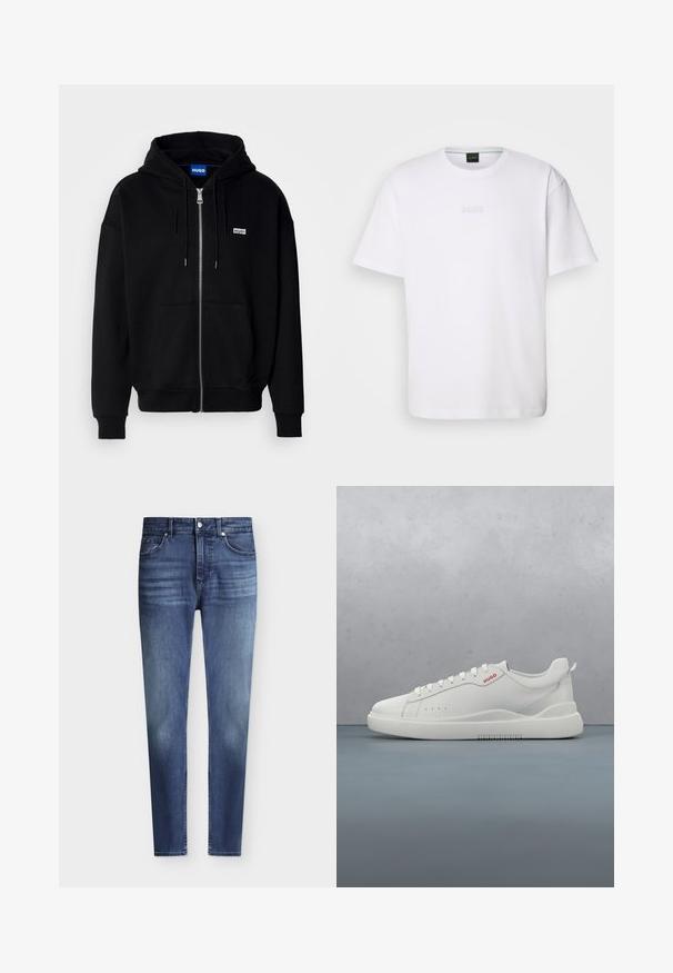 Hoodie zippé noir en tissu doux, avec une poche avant, une capuche à cordon et un petit logo blanc sur la poitrine gauche.; T-shirt en coton blanc à manches courtes, col rond, avec un logo « BOSS » en relief sur la poitrine. Texture lisse, coupe standard.; Jean slim fit bleu en denim pour homme avec style classique à cinq poches et légère décoloration aux cuisses et aux genoux, fermeture par bouton et zip.; Sneaker blanche avec une finition en cuir lisse, bout rond, quatre œillets, perforations subtiles et un détail de logo rouge sur le côté.