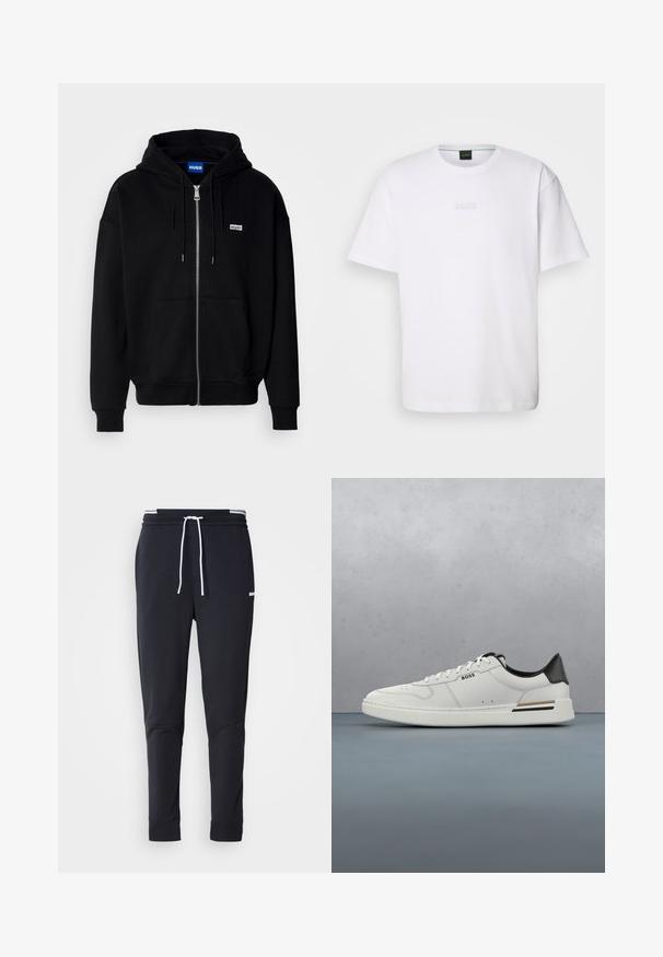 Schwarze Zip-Hoodie aus weichem Stoff, mit einer Fronttasche, Kordelzugkapuze und einem kleinen weißen Logo auf der linken Brust.; Weißes Baumwoll-T-Shirt mit kurzen Ärmeln, rundem Ausschnitt und geprägtem "BOSS"-Logo auf der Brust. Glatte Textur, normale Passform.; Schwarze Slim-Fit-Jogginghose mit weißem Kordelzug, elastischem Bund mit weißen Streifen und kleinem weißen Logo am oberen Oberschenkel.; Weißer Sneaker mit niedrigem Schnitt und schwarzer Ferse, Schnürverschluss, dezenten Perforationen und "BOSS"-Logo an der Seite, gezeigt von der äußeren Seitenansicht.