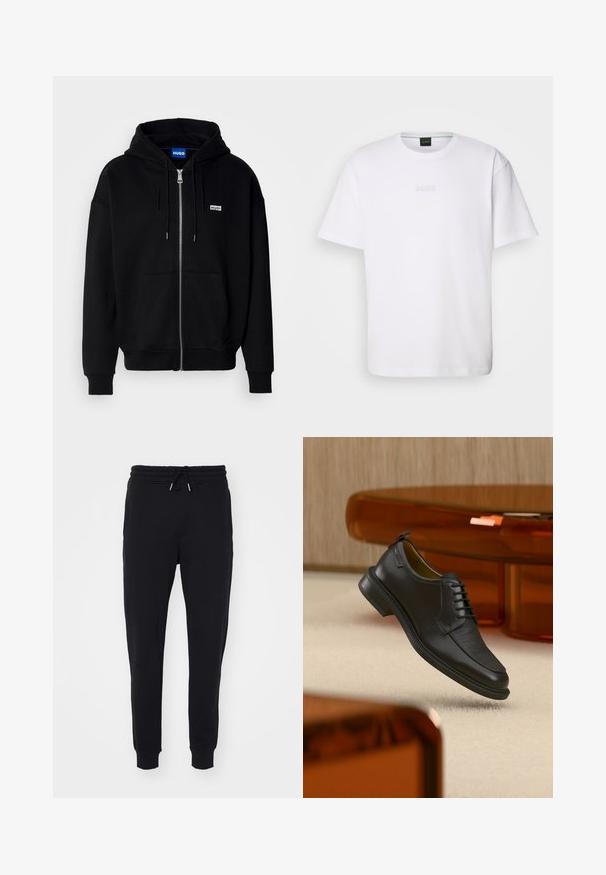 Must mustaga hoodie, mis on valmistatud pehmest kangast, millel on eesmine tasku, nööriga kapuuts ja väike valge logo vasakul rinnal.; Valge puuvillane T-särk lühikeste varrukatega, ümar kaelus ja reljeefne "BOSS" logo rinnal. Lame tekstuur, standardne lõige.; Mustad mustad, pehmest kangast, millel on elastne vöökoht ja pael, küljetaskud ning kitsenevad varrukad pahkluude juures.; Mustast nahast pitsidega kleitking tekstureeritud esiosaga, hõljumas beeži vaiba kohal moodsas toas, millel on merevaigutoonilised mööbliesemed.