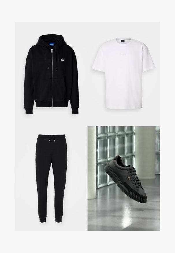 Must mustaga hoodie, mis on valmistatud pehmest kangast, millel on eesmine tasku, nööriga kapuuts ja väike valge logo vasakul rinnal.; Valge puuvillane T-särk lühikeste varrukatega, ümar kaelus ja reljeefne "BOSS" logo rinnal. Lame tekstuur, standardne lõige.; Mustad mustad, pehmest kangast, millel on elastne vöökoht ja pael, küljetaskud ning kitsenevad varrukad pahkluude juures.; Mustast nahast madala säärega tennisejalanõu mustade paelte ja kuldse "BOSS" logoga, õhus klaasplokkseinaga ja halli põrandaga taustal.