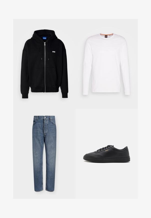 Schwarze Zip-Hoodie aus weichem Stoff, mit einer Fronttasche, Kordelzugkapuze und einem kleinen weißen Logo auf der linken Brust.; Weißes Langarm-T-Shirt aus Baumwolle. Verfügt über einen runden Halsausschnitt und ein kleines, eingeprägtes Logo auf der linken Brust. Glatte Textur.; Gerade geschnittene blaue Jeans aus Denim mit hoher Taille, Frontknopfverschluss und Fünf-Taschen-Design auf einem schlichten hellen Hintergrund.; Schwarze Leder-Sneaker mit glatter Textur, runder Zehenpartie, flacher Gummisohle und einfarbigen Schnürsenkeln. Mit goldfarbenem "BOSS" Logo an der Seite.