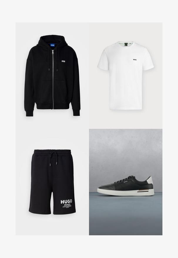 Schwarze Zip-Hoodie aus weichem Stoff, mit einer Fronttasche, Kordelzugkapuze und einem kleinen weißen Logo auf der linken Brust.; Schlichtes weißes T-Shirt mit kurzen Ärmeln und kleinem schwarzen "BOSS"-Logo auf der linken Brust, vor hellem Hintergrund gezeigt.; Schwarze Baumwollshorts mit einem elastischen Bund und Kordelzug. Weißes "HUGO"-Logo am linken Bein. Einfaches Design, knielanger Schnitt.; Schwarze Ledersneaker mit weißer Sohle, ausgestattet mit Perforationen, Schnürdesign, Logo an der Seite und kontrastierenden Fersendetails in Weiß und Braun.