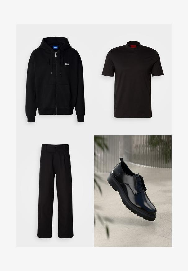 Sudadera con cremallera negra hecha de tejido suave, con un bolsillo frontal, capucha con cordón y un pequeño logo blanco en el lado izquierdo del pecho.; Camiseta negra de manga corta con un diseño de cuello alto. Fabricada con un tejido suave. Presenta una etiqueta de marca roja en el interior del cuello.; Pantalones negros hechos de una tela suave, con un diseño de pierna recta, pliegues frontales y un cierre de botón en la cintura.; Zapato de cuero negro con un acabado brillante, puntera redonda, diseño de cordones, costuras de contraste y una suela de goma gruesa con patrones de tracción.