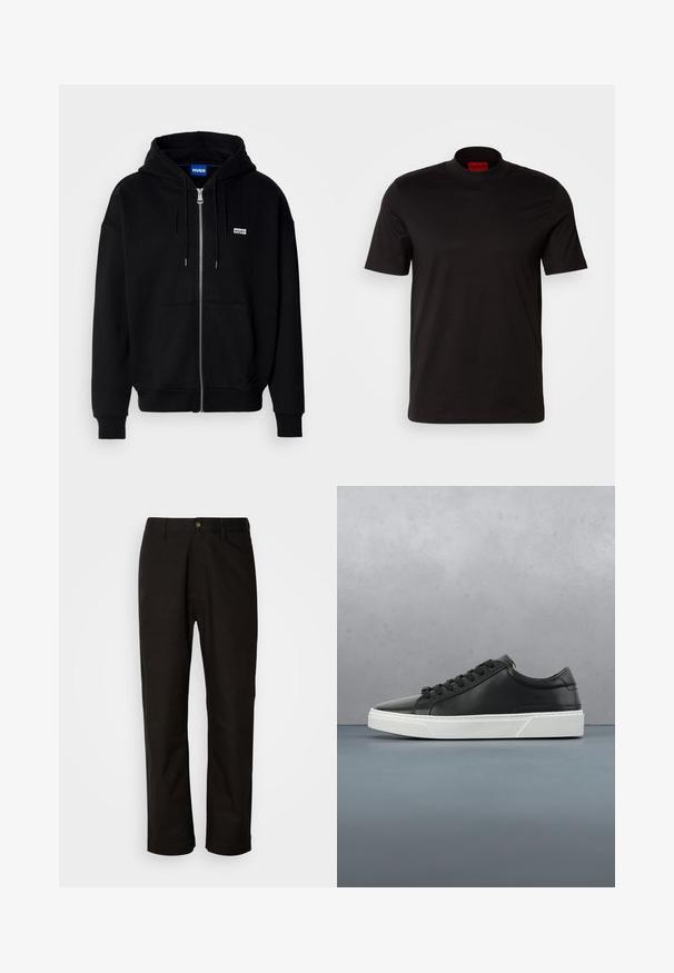 Zwarte ritshoodie van zacht materiaal, met een voorkantzak, een capuchon met koorden en een klein wit logo op de linkerborst.; Zwarte korte mouw t-shirt met een hoge nek ontwerp. Gemaakt van soepele stof. Bevat een rood merklabel op de binnenkant van de kraag.; Zwarte katoenen broek met een rechte snit, riemlussen, een ritssluiting aan de voorkant en een enkele knoopsluiting. Soepele textuur zonder zichtbare patronen.; Zwarte leren sneaker met ronde neus, textuur op het oppervlak, witte rubberen zool en zwarte veters. Minimalistisch ontwerp met een slanke uitstraling.
