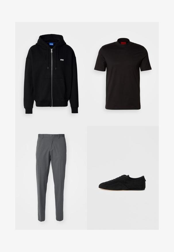 Zwarte ritshoodie van zacht materiaal, met een voorkantzak, een capuchon met koorden en een klein wit logo op de linkerborst.; Zwarte korte mouw t-shirt met een hoge nek ontwerp. Gemaakt van soepele stof. Bevat een rood merklabel op de binnenkant van de kraag.; Grijze broek van een gladde stof, met een knoopsluiting, steekzakken en een slim fit ontwerp.; Zwarte suède lage sneaker met veters aan de voorkant en een beige zool, getoond vanaf de buitenkant tegen een lichtgrijze achtergrond.