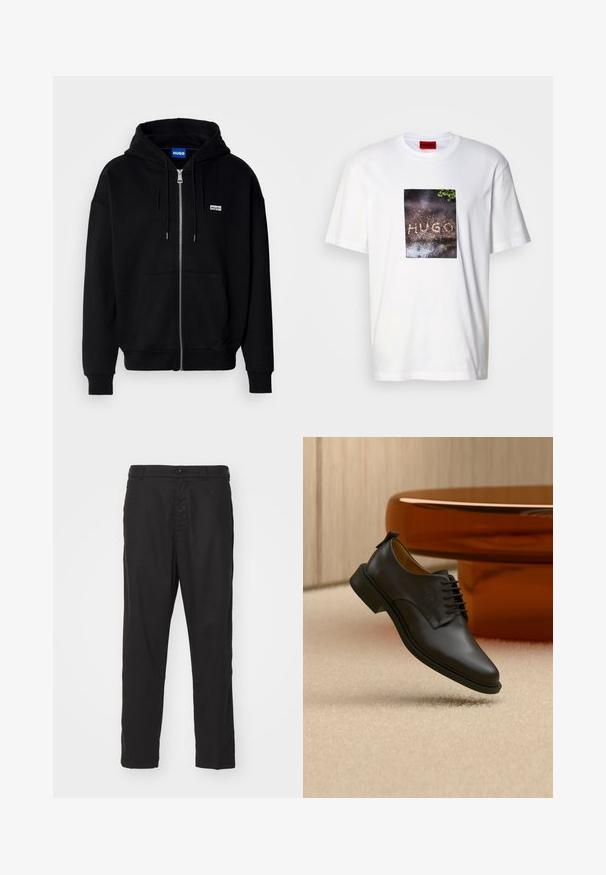Must mustaga hoodie, mis on valmistatud pehmest kangast, millel on eesmine tasku, nööriga kapuuts ja väike valge logo vasakul rinnal.; Valge puuvillane t-särk, millel on ristkülikukujuline graafiline trükk tekstiga "HUGO" tumedal tekstureeritud taustal, ümbritsetud rohelusega.; Mustast puuvillast valmistatud chinos, millel on sirge jala disain, nööbike closure ja küljetaskud. Sile tekstuur ja nähtavad mustrid või aksessuaarid puuduvad.; Mustast nahast paeltega meeste king, mis hõljub beežil vaibal, taustal pruun ümara kohvilaud.