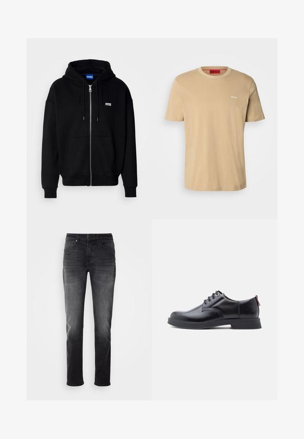 Must mustaga hoodie, mis on valmistatud pehmest kangast, millel on eesmine tasku, nööriga kapuuts ja väike valge logo vasakul rinnal.; Beige puuvillane t-särk, millel on ümmargune kaelus, lühikesed varrukad ja väike valge "HUGO" logo rinnal. Sile tekstuur ilma mustriteta.; Mustmustest mustaga, mis on sirge jala lõikega. Omab nööbi ja tõmbluku sulgemist, viit taskut ning kergelt tuhmuvat materjali.; Mustad nahast paeltega kingad, millel on sile tekstuur, ümar nina ja peen õmblusdetail. Kandjal on punane tõmblint kandlas.