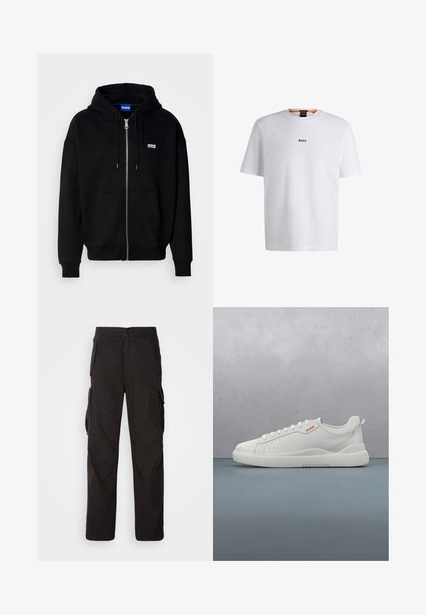Hoodie zippé noir en tissu doux, avec une poche avant, une capuche à cordon et un petit logo blanc sur la poitrine gauche.; T-shirt en coton blanc à manches courtes, avec un logo noir "BOSS" centré sur la poitrine et un design à col rond.; Pantalons cargo noirs avec une coupe droite, une taille élastique, plusieurs poches latérales et un tissu texturé pour plus de durabilité.; Sneaker blanche avec une finition en cuir lisse, bout rond, quatre œillets, perforations subtiles et un détail de logo rouge sur le côté.