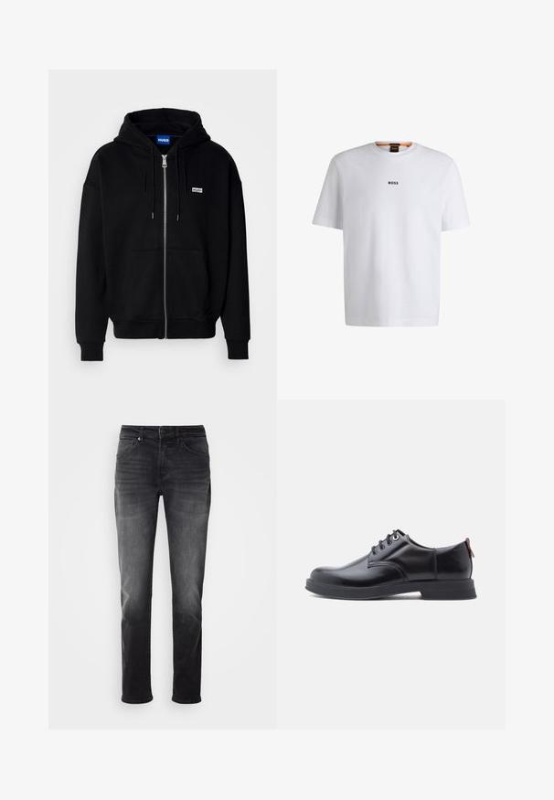Schwarze Zip-Hoodie aus weichem Stoff, mit einer Fronttasche, Kordelzugkapuze und einem kleinen weißen Logo auf der linken Brust.; Weißes Baumwoll-T-Shirt mit kurzen Ärmeln, ausgestattet mit einem schwarzen "BOSS"-Logo, das mittig auf der Brust platziert ist, und einem runden Halsausschnitt.; Schwarze Jeans aus Denim mit geradem Bein. Verfügt über einen Knopf- und Reißverschluss, fünf Taschen und dezente Ausbleichungen im Stoff.; Schwarze Leder-Schnürschuhe mit glatter Textur, rundem Zehenbereich und dezenten Ziernähten. Mit einem roten Laschenband an der Ferse.