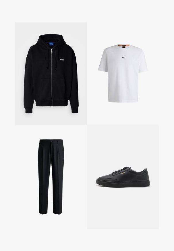 Hoodie zippé noir en tissu doux, avec une poche avant, une capuche à cordon et un petit logo blanc sur la poitrine gauche.; T-shirt en coton blanc à manches courtes, avec un logo noir "BOSS" centré sur la poitrine et un design à col rond.; Pantalons noirs en tissu lisse, avec une coupe droite, des plis à l'avant et une fermeture à bouton avec passants de ceinture.; Baskets en cuir noir avec une texture lisse, bout rond, semelle en caoutchouc plate et lacets ton sur ton. Présente une marque "BOSS" dorée sur le côté.
