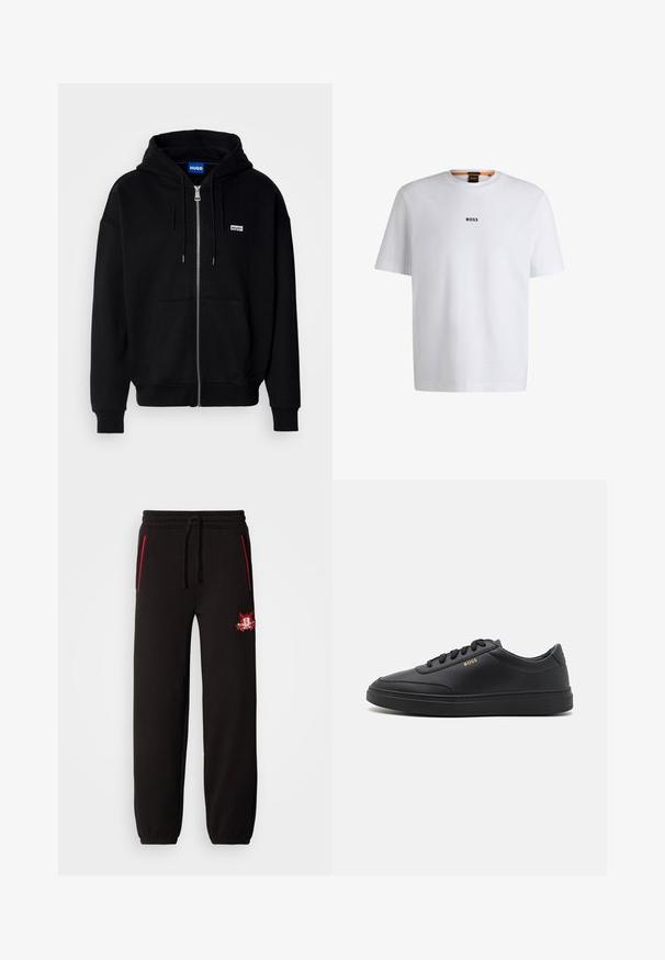 Sort hættejakke med lynlås lavet af blødt stof, med en forlomme, snoretræk i hætten og et lille hvidt logo på venstre bryst.; Hvid bomuld T-shirt med korte ærmer, med et sort "BOSS" logo centreret på brystet og en rund halsudskæring.; Sorte sweatpants med elastisk talje, røde accent lynlåse og et fremtrædende broderet logo på venstre lår. Glat tekstur, tætsiddende fit.; Sorte lædersneakers med en glat overflade, rund tå, flad gummisål og tonede snørebånd. Udstyret med guld "BOSS" branding på siden.